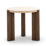 Sorvane 57cm Round Travertine Side Table - Cream & Brown Oak Side Table Eastern-Local