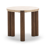 Sorvane 57cm Round Travertine Side Table - Cream & Brown Oak Side Table Eastern-Local