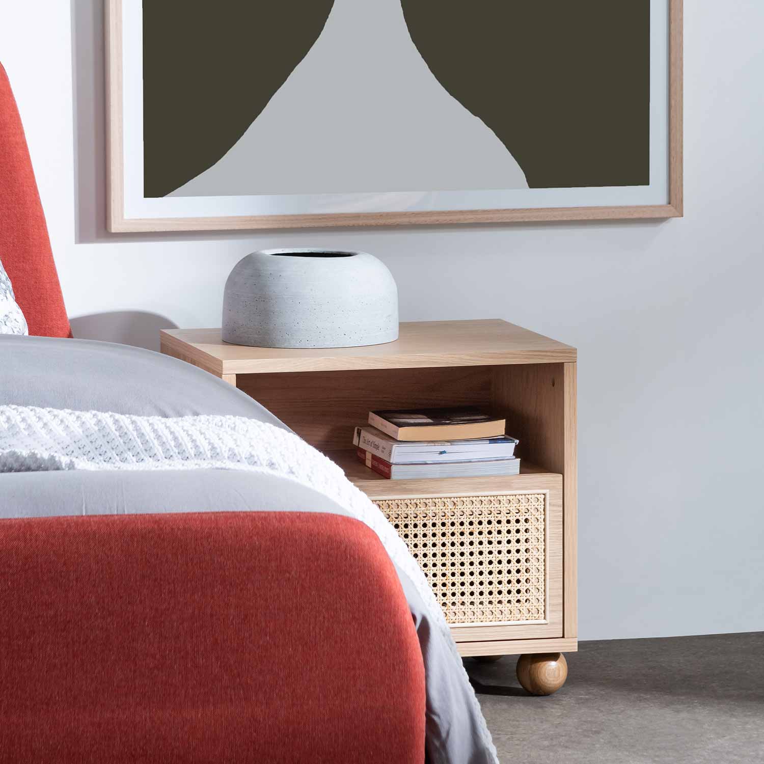 Ex Display - Haley Wooden Side Table with Rattan Front - Natural Bedside Table KD-Core