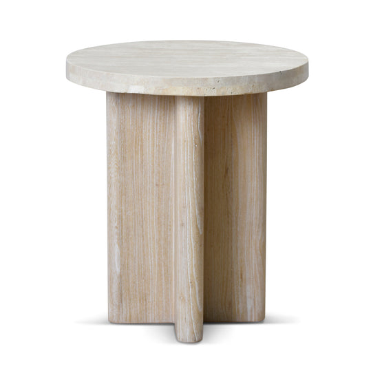 Agosti Travertine Marble Round Side Table - White Wash Side Table Nicki-Core   