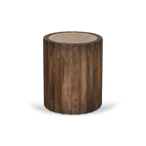 Avanti 45cm Travertine Top Round Side Table - Walnut Side Table Rebhi-Core   
