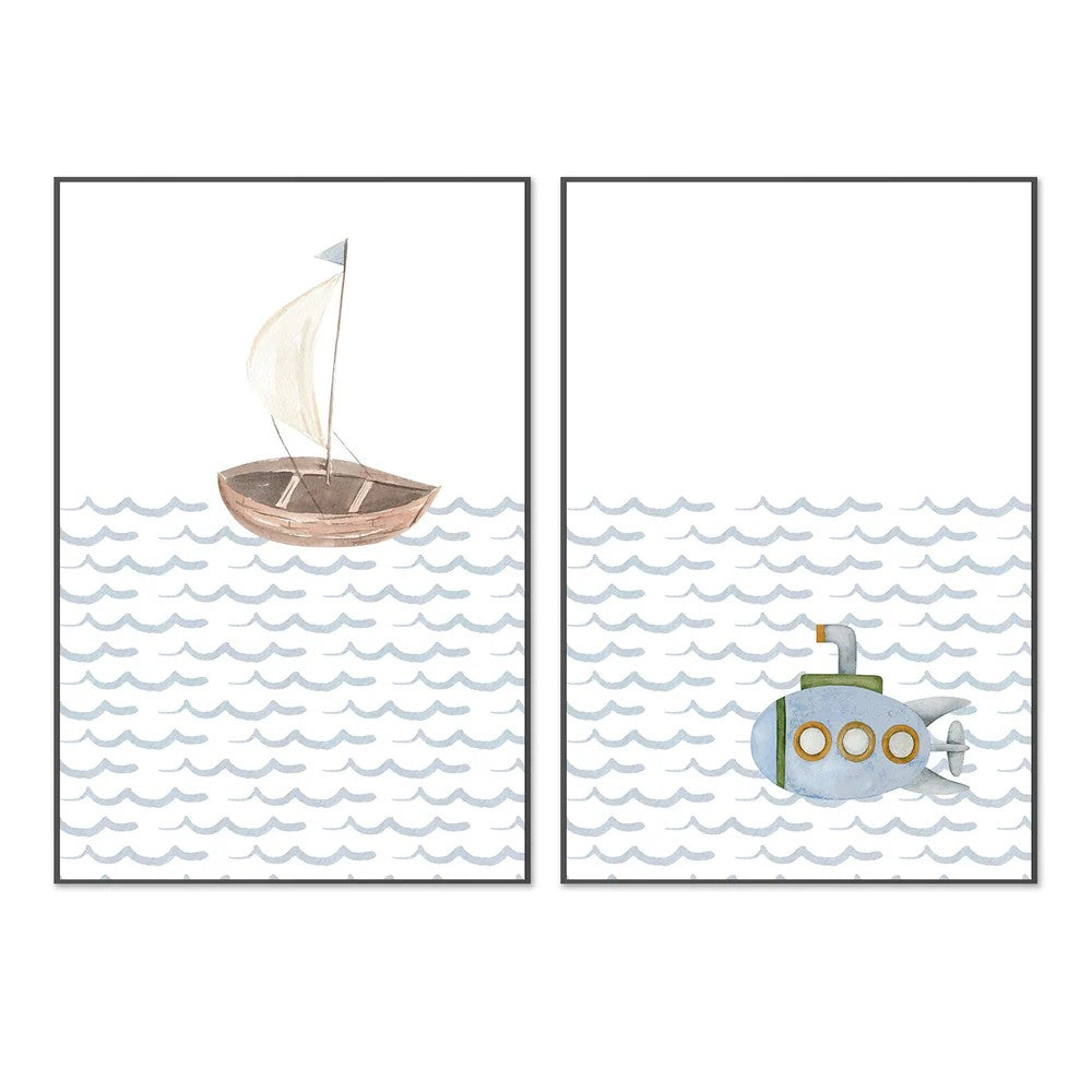 Sailboat, Submarine, By At Viv Home Prints Wall Art Gioia-Local Black Framed Canvas 40x60cm