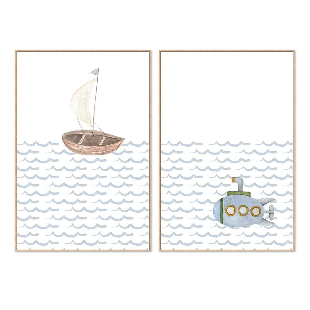 Sailboat, Submarine, By At Viv Home Prints Wall Art Gioia-Local Oak Framed Canvas 40x60cm