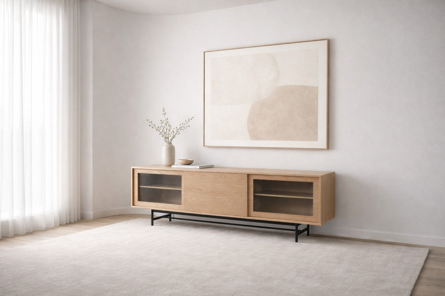 Sergio 2.1m Wooden Entertainment TV Unit - Natural with Flute Glass Door TV/Entertainment Unit KD-Core