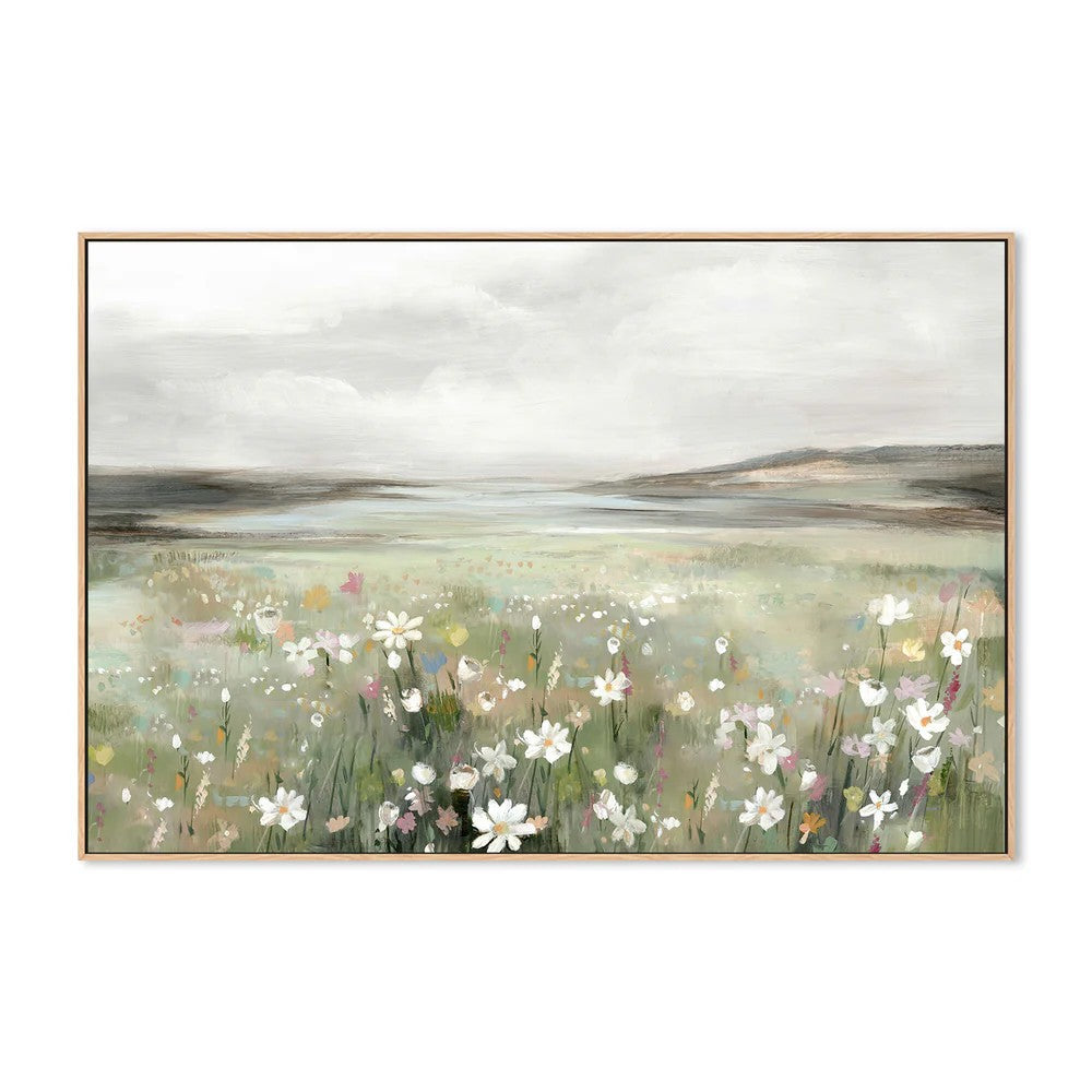 Soft Meadow Under Cloudy Sky, By Hannah Dawson Wall Art Gioia-Local 60x40cm Framed Canvas Oak
