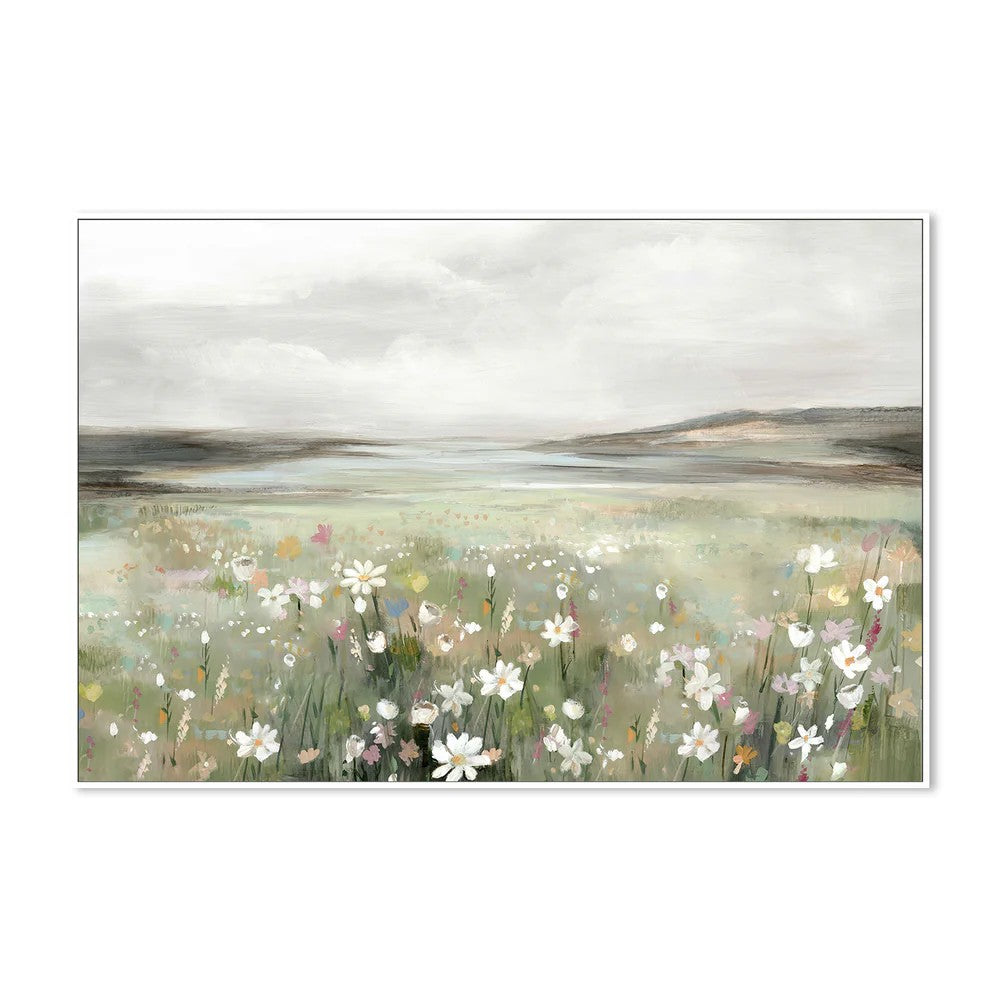 Soft Meadow Under Cloudy Sky, By Hannah Dawson Wall Art Gioia-Local 60x40cm Framed Canvas White