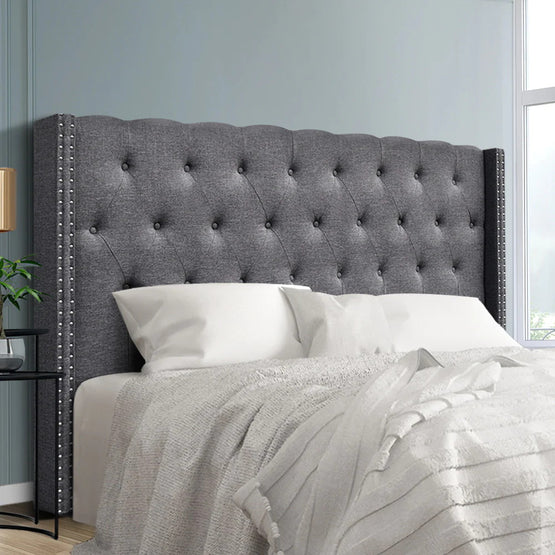 Soira King Size Premium Faux Linen Fabric with Button Tufted Winged Design Bedhead - Grey Bedhead Aim WS-Local   