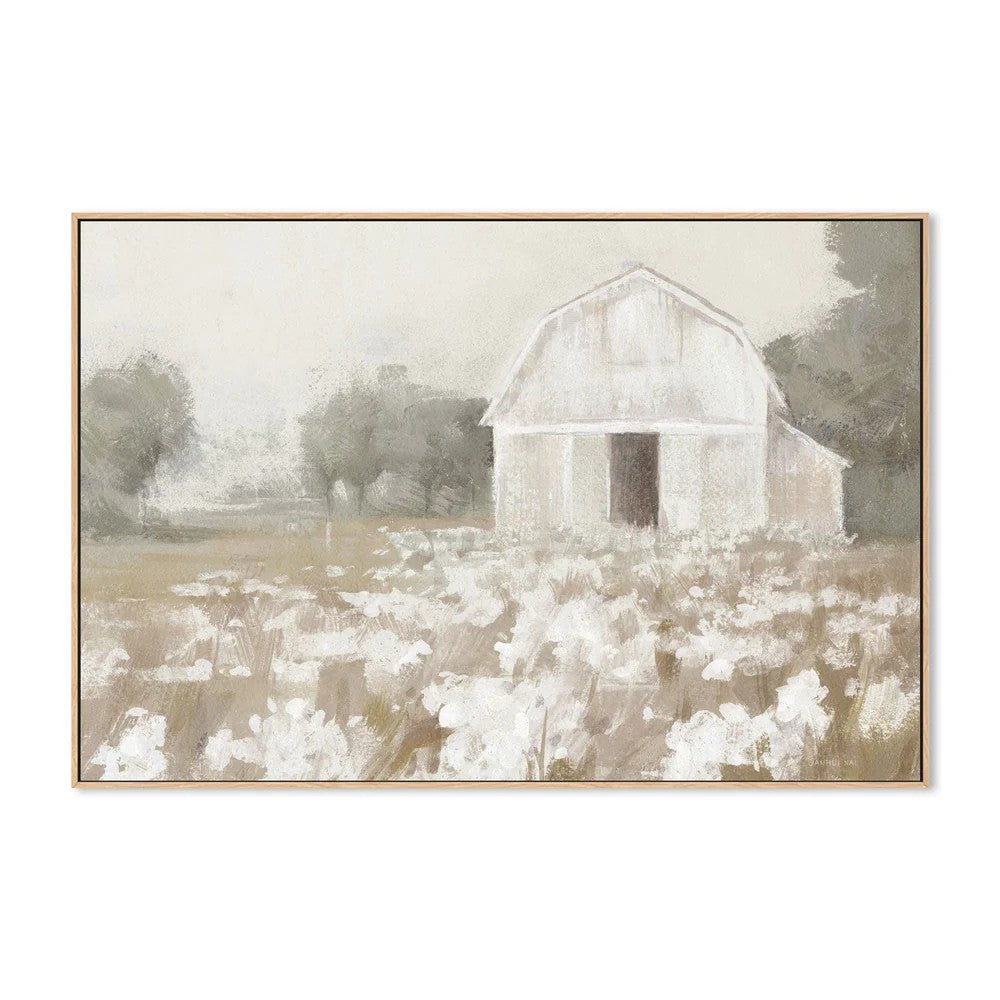 White Barn Meadow Neutral, By Danhui Nai Wall Art Gioia-Local Oak Framed Canvas 60x40cm