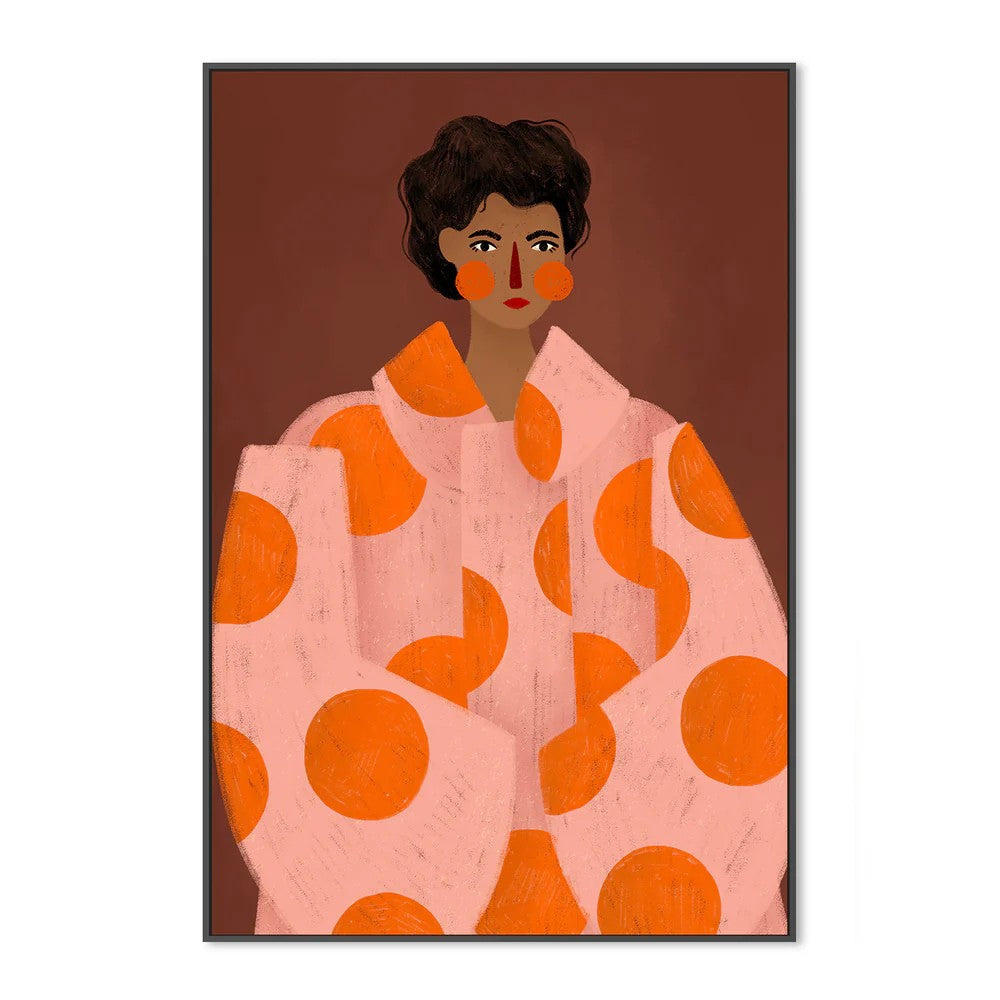 Woman With Orange Dots, By Bea Muller Wall Art Gioia-Local Black Framed Canvas 40x60cm