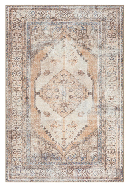 Yvana 370cm x 280cm Traditional Distressed Washable Rug - Brown and Beige