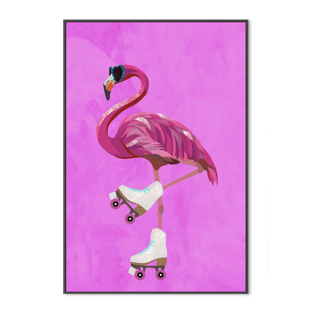 Flamingo Rollerskating, By Sarah Manovski Wall Art Gioia-Local Black Framed Canvas 40x60cm