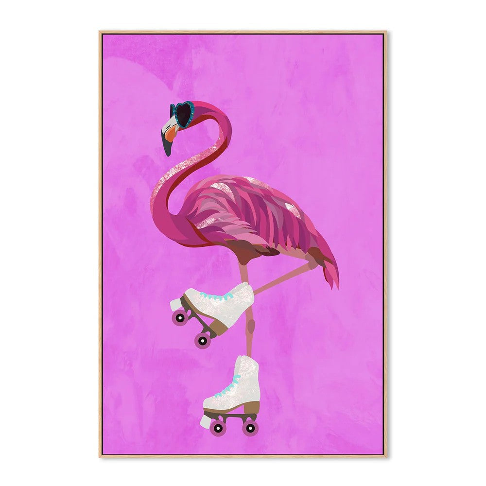 Flamingo Rollerskating, By Sarah Manovski Wall Art Gioia-Local Oak Framed Canvas 40x60cm