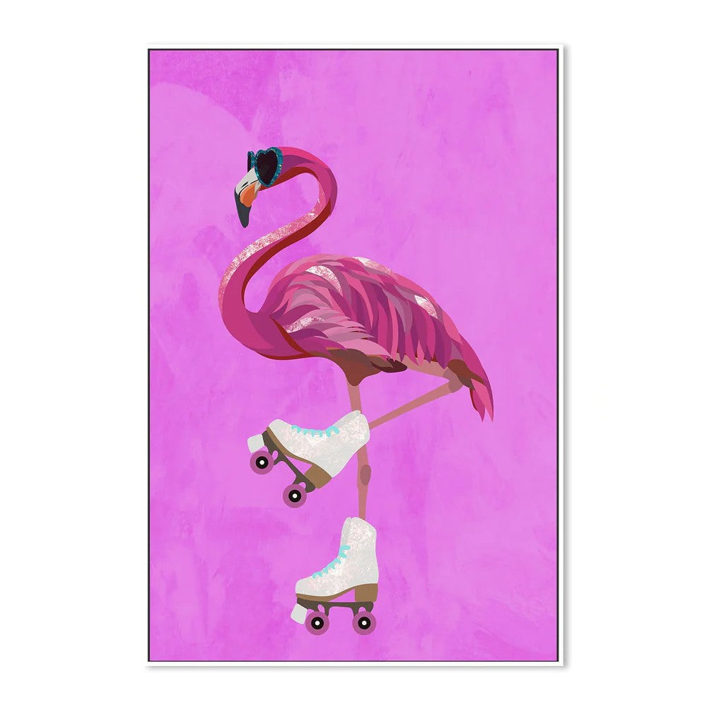 Flamingo Rollerskating, By Sarah Manovski Wall Art Gioia-Local White Framed Canvas 40x60cm