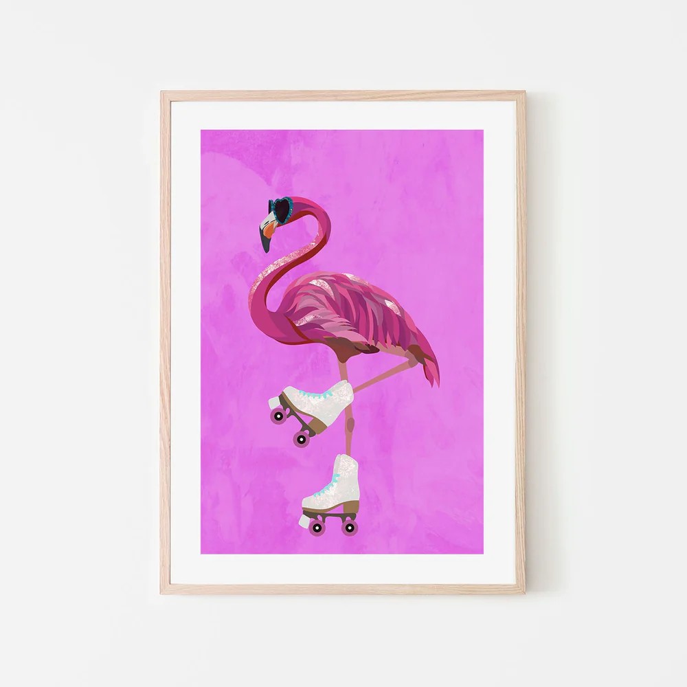 Flamingo Rollerskating, By Sarah Manovski Wall Art Gioia-Local Black Framed Poster 40x60cm