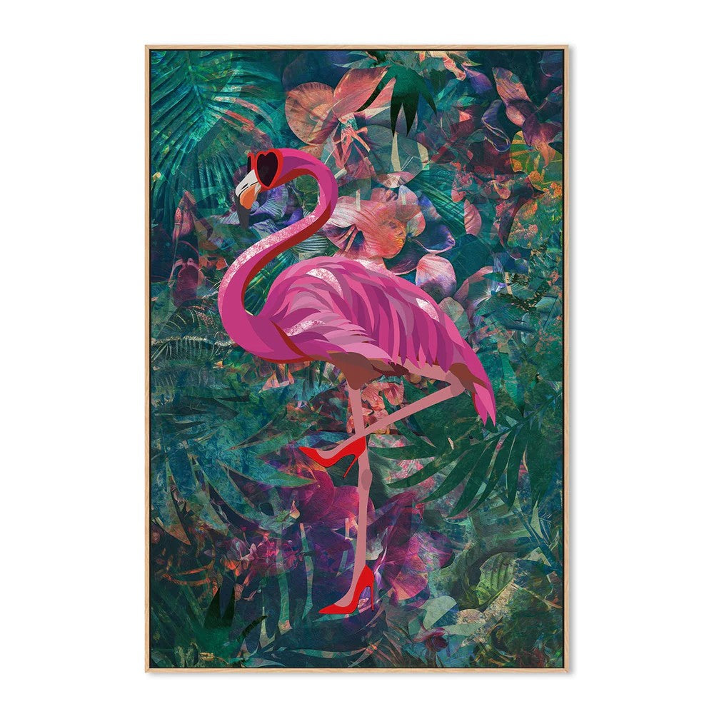 Flirty Flamingo, By Sarah Manovski Wall Art Gioia-Local Oak Framed Canvas 40x60cm