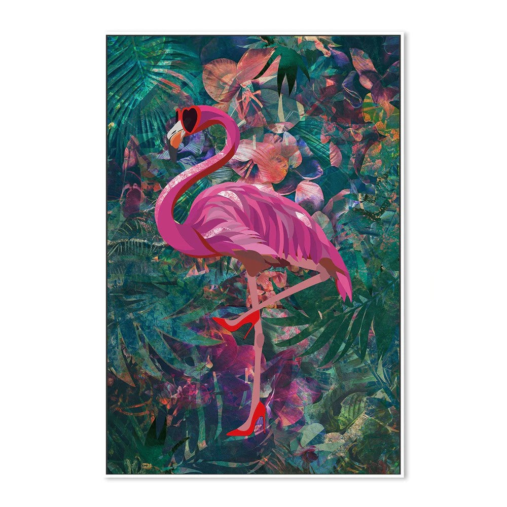 Flirty Flamingo, By Sarah Manovski Wall Art Gioia-Local White Framed Canvas 40x60cm