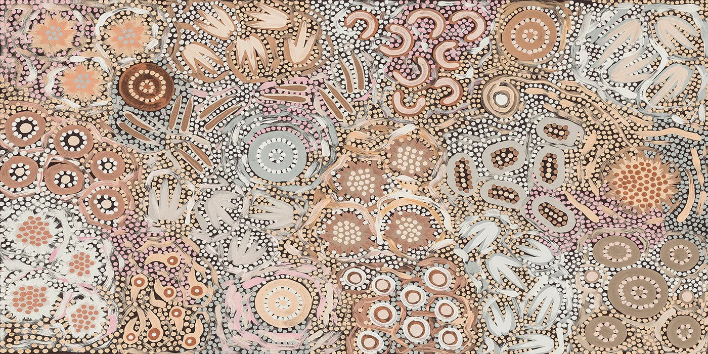 My Great Great Grandmothers Land, Style A, Mocha Colour, By Azeza Possum Wall Art Gioia-Local 80x40cm Framed Canvas Gold