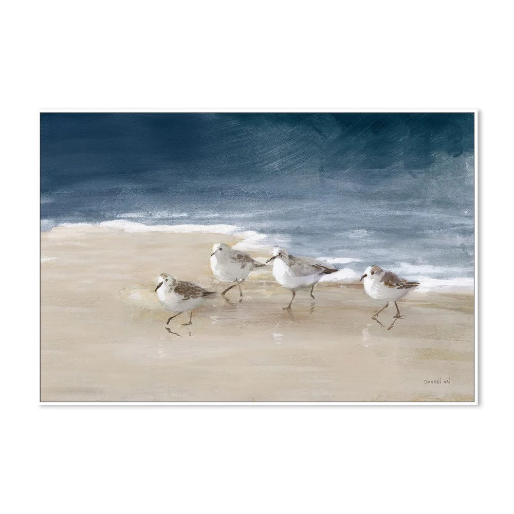 Shorebirds On Sand, By Danhui Nai Wall Art Gioia-Local White Framed Canvas 60x40cm