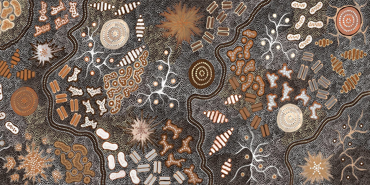 Waterhole Bush Tucker Dreaming, Style A, Burned Orange Tones, By Azeza Possum Wall Art Gioia-Local 80x40cm Framed Canvas Gold