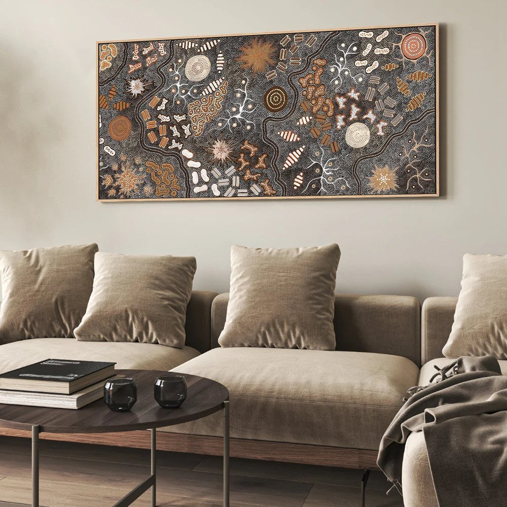 Waterhole Bush Tucker Dreaming, Style A, Burned Orange Tones, By Azeza Possum Wall Art Gioia-Local