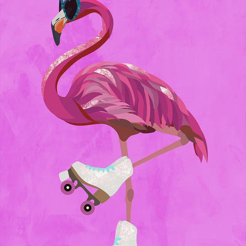 Flamingo Rollerskating, By Sarah Manovski Wall Art Gioia-Local Gold Framed Canvas 40x60cm