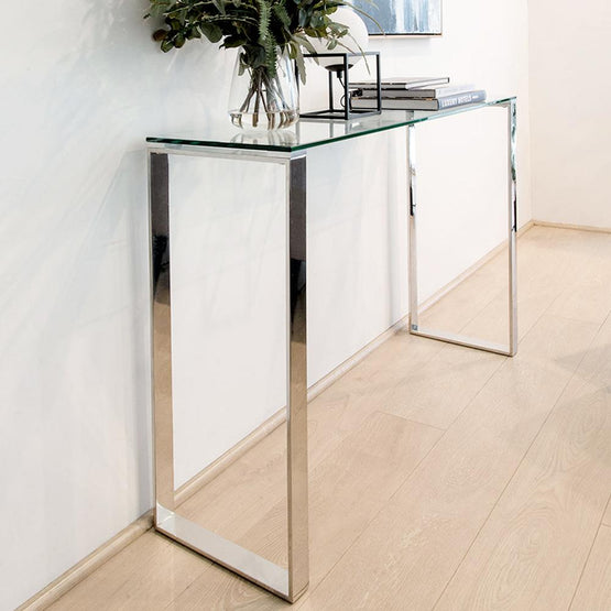 Freder Console Table With Tempered Glass - Polished Stainless Steel Console Table Blue Steel Metal-Core   