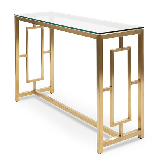 Ex Display - Kater Glass Console table - Brushed Gold Base Console Table Blue Steel Metal-Core   