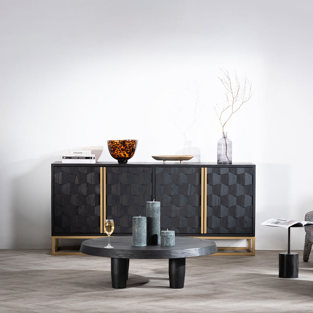 Ex Display - Mildred 1.78m Sideboard - Black ELM Wood with Gold Handle Buffet & Sideboard Nicki-Core