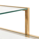 Maureen 1.4m Glass Shelving Unit - Brushed Gold Frame Shelves Blue Steel Metal-Core   