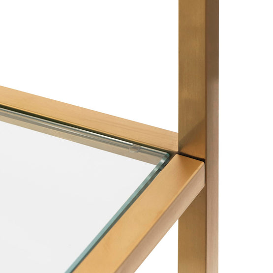 Maureen 1.4m Glass Shelving Unit - Brushed Gold Frame Shelves Blue Steel Metal-Core   