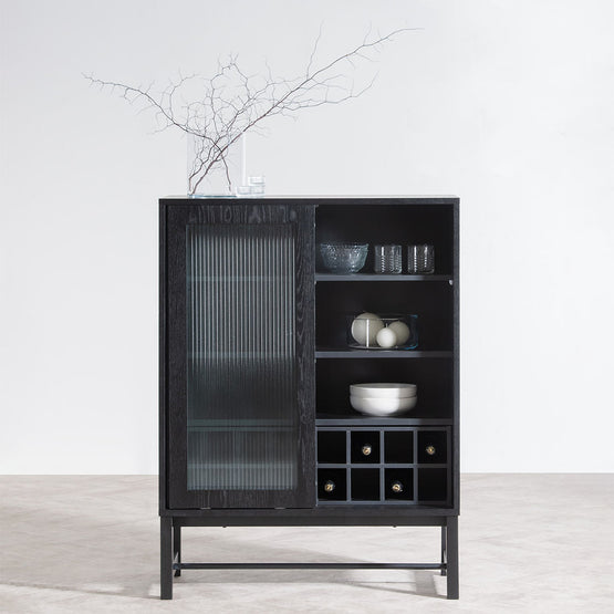 Maynard Black Bar Cabinet - Flute Glass Doors Display Cabinet KD-Core   