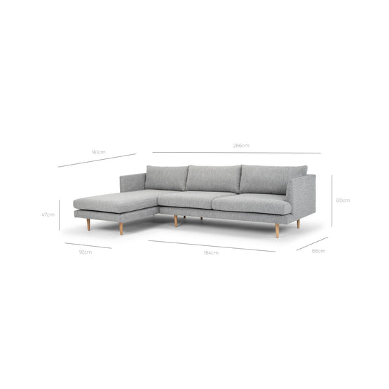Denmark 3 Seater With Left Chaise Fabric Sofa - Graphite Grey with Natural Legs Chaise Lounge Original Sofa-Core   