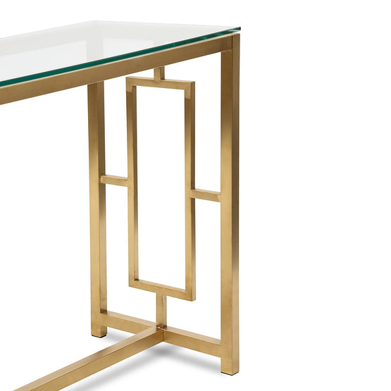 Ex Display - Kater Glass Console table - Brushed Gold Base Console Table Blue Steel Metal-Core   