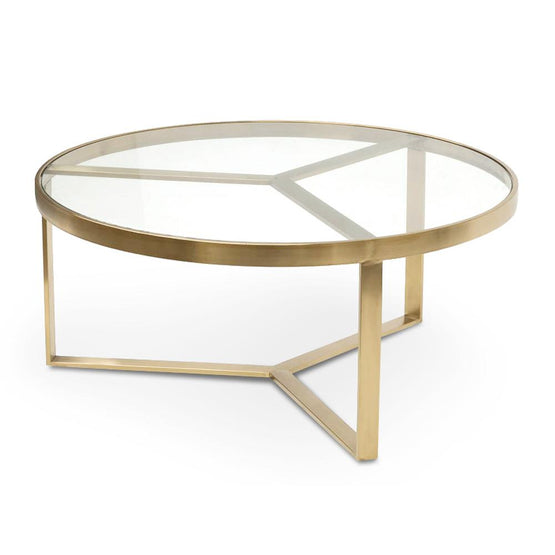 Marcelo 90cm Round Glass Coffee Table - Brushed Gold Base Coffee Table Blue Steel Metal-Core   