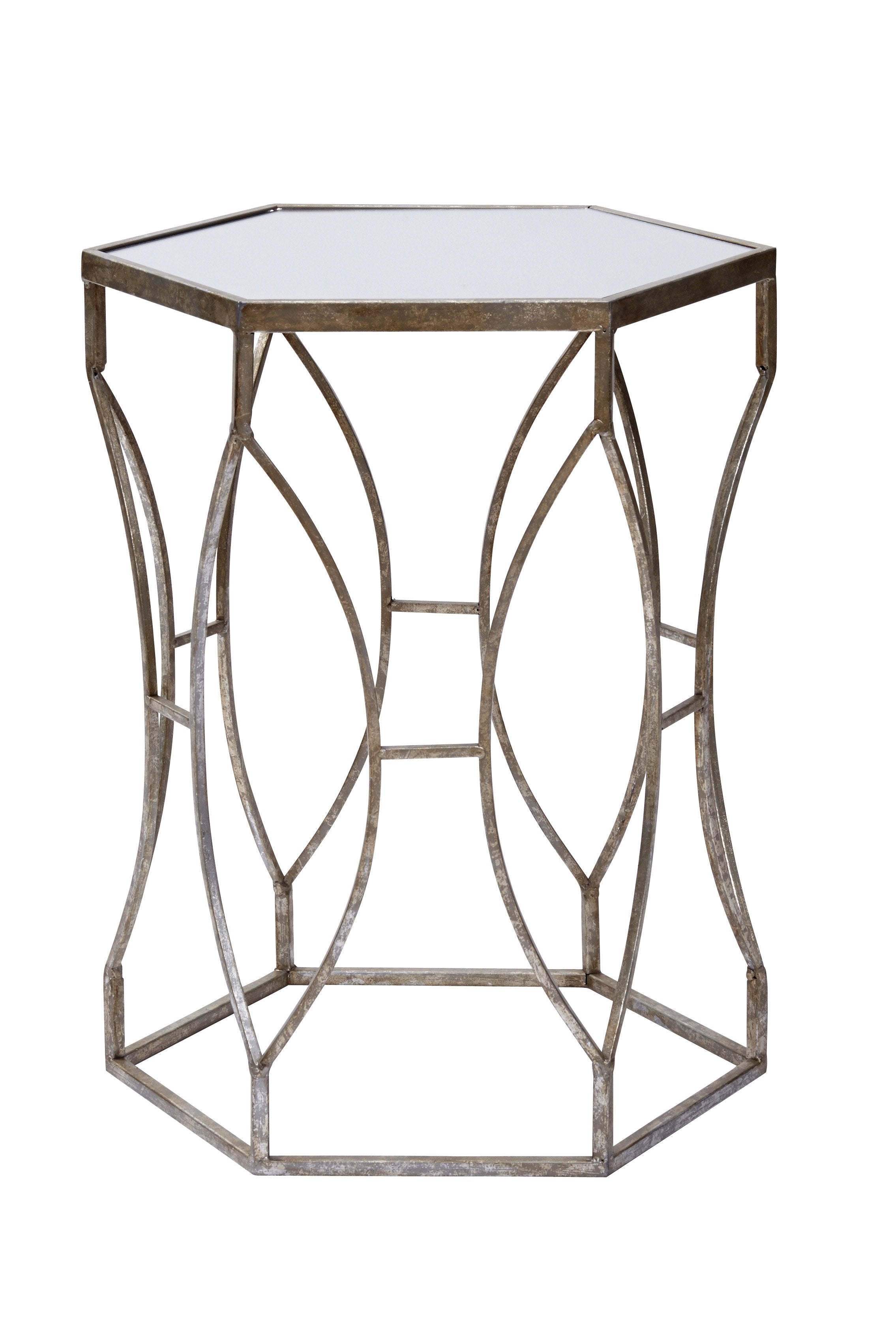 Massima Round Side Table Mirror Top and Silver Guilt Base Interior