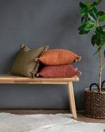 Ollo Nathan Jacquard Design Fringed Edge Cushion - Olive Cushion Furtex-Local   