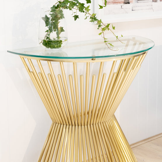 Sassy Round Glass Console Table - Brushed Gold Base Console Table Blue Steel Metal-Core   