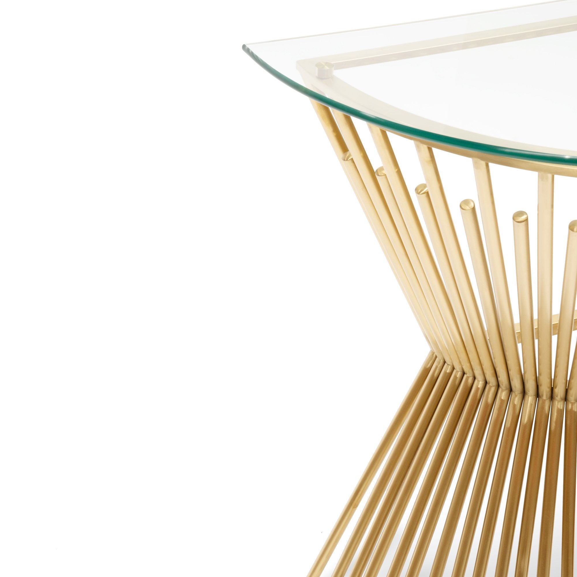 Ex Display - Sassy Round Glass Console Table - Brushed Gold Base Console Table Blue Steel Metal-Core