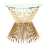 Ex Display - Sassy Round Glass Console Table - Brushed Gold Base Console Table Blue Steel Metal-Core