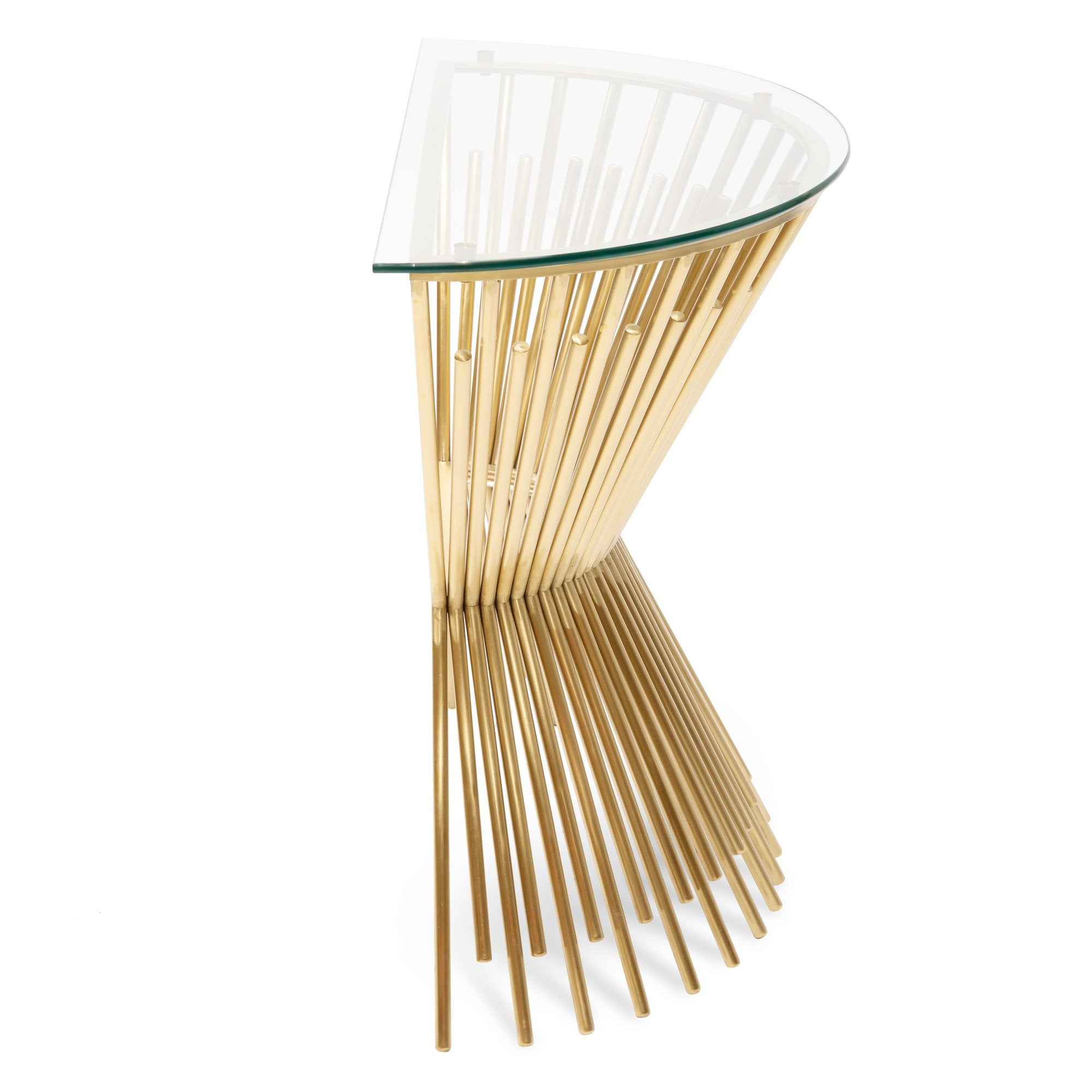 Ex Display - Sassy Round Glass Console Table - Brushed Gold Base Console Table Blue Steel Metal-Core